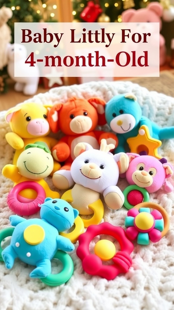 A selection of Christmas gifts for a 4-month-old baby, featuring soft toys, rattles, and teething rings on a cozy blanket.